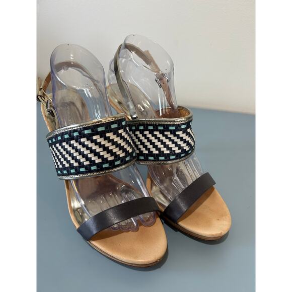 Coach Steffi stilettos size 9.5 navy white woven leather strappy high sandal - Picture 2 of 12